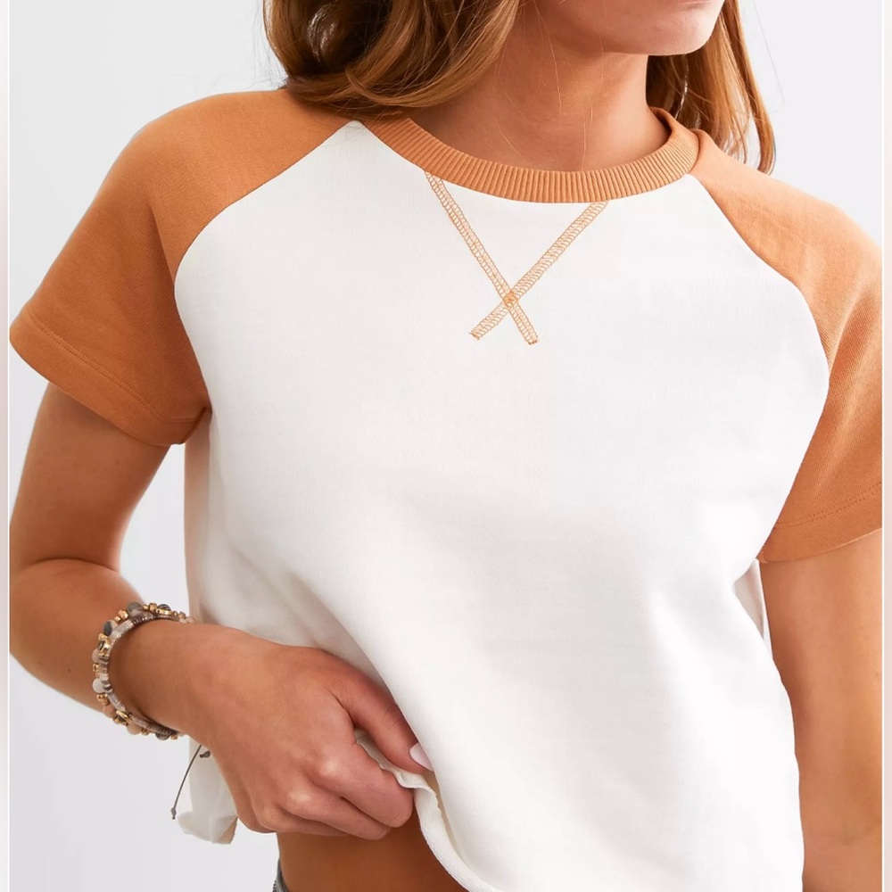 Buckle Fitz + Eddi Raglan Cropped Terry Top brown and white size XS